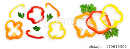 red yellow orange sweet bell pepper isolated on white background. Top view. Flat lay red yellow orange sweet bell pepper isolated on white background. Top view. Flat lay 110616301