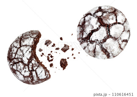Chocolate brownie cookie isolated on white background. Top view. Flat lay 110616451