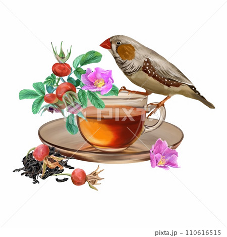Cup of tea, rose hips, dry tea leaves, flower, bird. Graphic illustration isolated on white background. Cards, packaging, labels, covers, invitations. 110616515