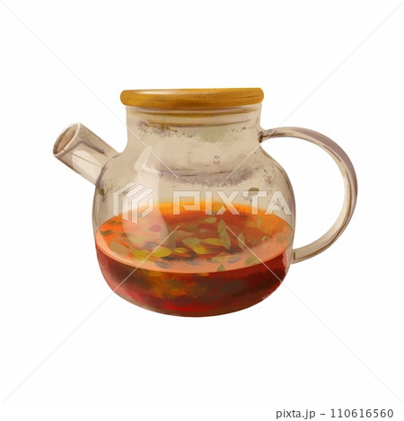 Teapot, glass. Graphic illustration isolated on white background. Design element for cards, packaging, labels, covers, flyers, banners, invitations. Teapot, glass. Graphic illustration isolated on white background. Design element for cards, packaging, labels, covers, flyers, banners, invitations. 110616560