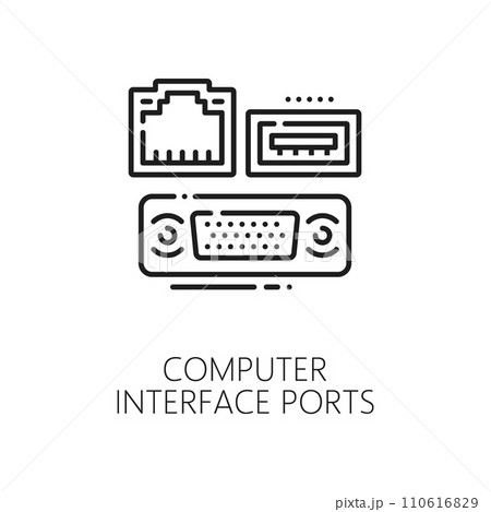 Computer software, electronics hardware, app development industry linear icon. Computer hardware upgrade and service thin line vector pictogram with computer USB, Ethernet, VGA video interface ports Computer software, electronics hardware, app development industry linear icon. Computer hardware upgrade and service thin line vector pictogram with computer USB, Ethernet, VGA video interface ports 110616829