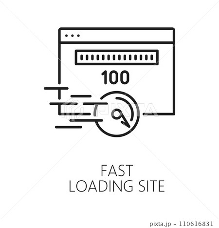 Fast loading site. CDN. Content delivery network icon, web blog or Internet portal data storage and backup server, website media publishing, CDN outline vector sign with connection speed test page 110616831