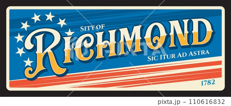 City of Richmond, United States of America Vector travel plate, vintage tin sign, retro welcoming postcard design. Old souvenir plaque with motto Sic Itur Ad Astra and flag with stars 110616832