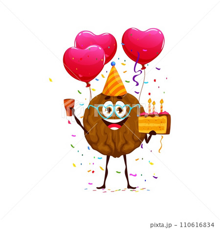 Cartoon walnut nut character on holiday and birthday. Isolated vector cheerful personage joyfully celebrates party with balloons, confetti, and a cake, spreading smiles and excitement all around Cartoon walnut nut character on holiday and birthday. Isolated vector cheerful personage joyfully celebrates party with balloons, confetti, and a cake, spreading smiles and excitement all around 110616834