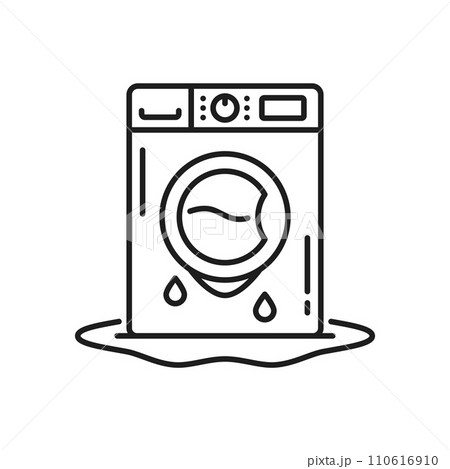 Plumbing service icon with broken washing machine and water puddle. Isolated linear monochrome sign conveys quick and efficient solutions for restoring and repair functionality to household appliances 110616910