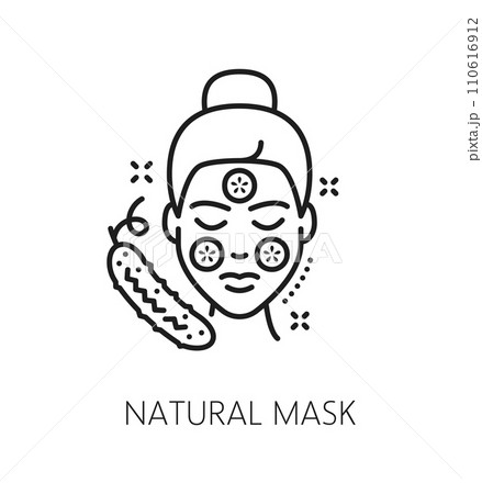 Facial mask line icon for cosmetology and face skincare cosmetics, linear vector. Cucumber facial mask outline icon with cucumber slices on woman face for bio natural skincare treatment pictogram Facial mask line icon for cosmetology and face skincare cosmetics, linear vector. Cucumber facial mask outline icon with cucumber slices on woman face for bio natural skincare treatment pictogram 110616912