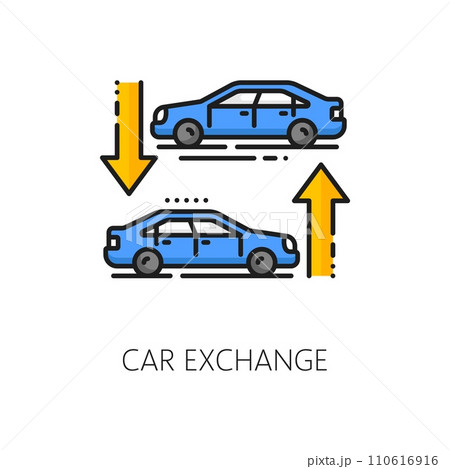 Dealership car exchange, auto dealer company outline icon. Automobile distributor, used vehicle rental dealership or car exchange center outline vector pictogram. Auto dealer linear sign or icon Dealership car exchange, auto dealer company outline icon. Automobile distributor, used vehicle rental dealership or car exchange center outline vector pictogram. Auto dealer linear sign or icon 110616916