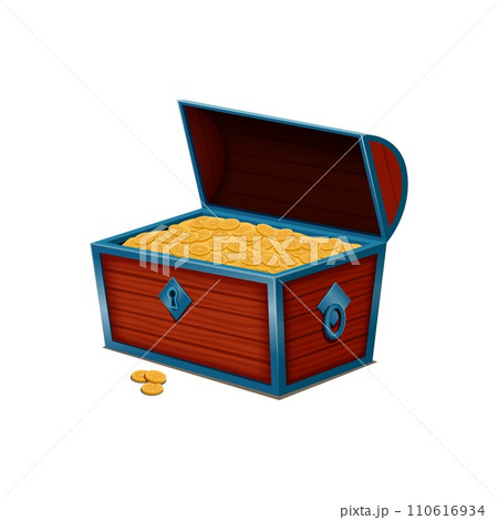 Cartoon pirate treasure trunk overflowing with gleaming gold coins, guarded by a mysterious air of maritime allure and hidden stories. Isolated vector chest, exuding an aura of wealth and mystery Cartoon pirate treasure trunk overflowing with gleaming gold coins, guarded by a mysterious air of maritime allure and hidden stories. Isolated vector chest, exuding an aura of wealth and mystery 110616934