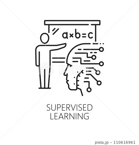 Supervised learning, AI machine and artificial intelligence algorithm icon in line vector. AI robot brain or artificial intelligence and smart mind learning technology by supervised teacher control Supervised learning, AI machine and artificial intelligence algorithm icon in line vector. AI robot brain or artificial intelligence and smart mind learning technology by supervised teacher control 110616961