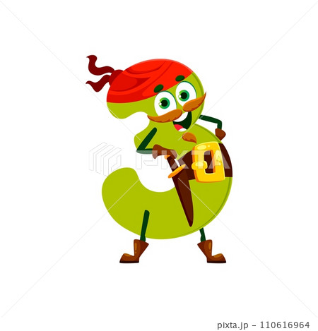 Cartoon funny number 3 pirate or corsair character in bandana with sword, vector emoji emoticon. Number three character as Caribbean pirate filibuster or buccaneer sailor with beard and mustaches Cartoon funny number 3 pirate or corsair character in bandana with sword, vector emoji emoticon. Number three character as Caribbean pirate filibuster or buccaneer sailor with beard and mustaches 110616964