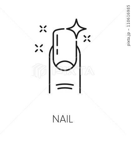 Nail manicure service icon with fingernail. Woman beauty or spa salon, manicure and pedicure master or cosmetology product line vector pictogram. Cosmetics and makeup shop thin line symbol or sign Nail manicure service icon with fingernail. Woman beauty or spa salon, manicure and pedicure master or cosmetology product line vector pictogram. Cosmetics and makeup shop thin line symbol or sign 110616985