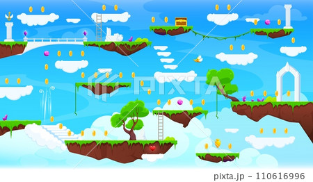 Arcade game level map with ground platforms and fluffy clouds in blue sky heaven vector background. Video or computer game interface assets, cartoon screen with floating platforms, trees, grass, items Arcade game level map with ground platforms and fluffy clouds in blue sky heaven vector background. Video or computer game interface assets, cartoon screen with floating platforms, trees, grass, items 110616996