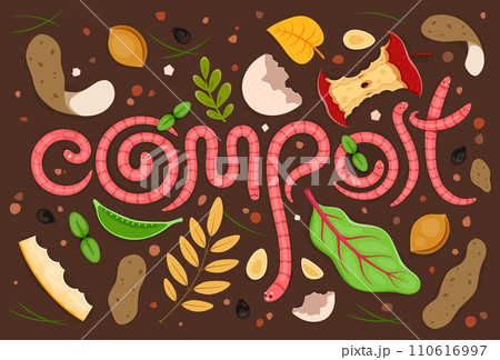 Cartoon typography word. Funny cartoon earth worms in waste soil ground, vector organic farming, environment, agriculture. Earthworms characters in compost with rotten food, fruit and vegetable wastes 110616997