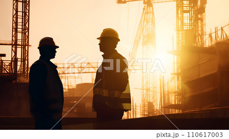 AI-generated content. Silhouettes of engineer and construction team working at sunrise or sunset, neural network generated image 110617003