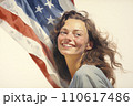 Woman holding flag USA with smile on white background. Generative AI 110617486