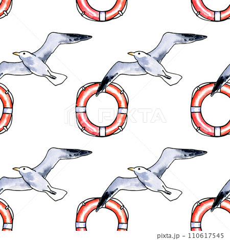 watercolor seamless pattern with striped lifelines and seabird, marine illustration with seagull, red and blue color isolated on white background 110617545