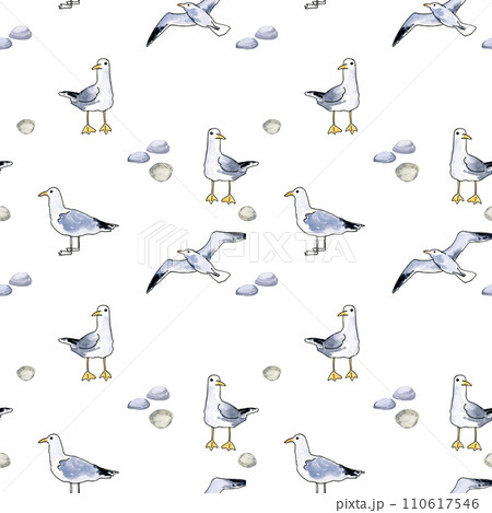Watercolor seamless pattern with seagulls and stones, hand drawn sketch of different sea bird, white and grey flying bird isolated on white background 110617546