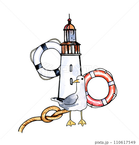 watercolor hand drawn composition with lighthouse, different striped lifelines, textured knot and seabird, marine illustration, red and blue color isolated on white background 110617549