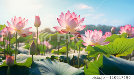 光を浴びる満開のハスの花、水辺の自然風景　AI生成画像 110617599