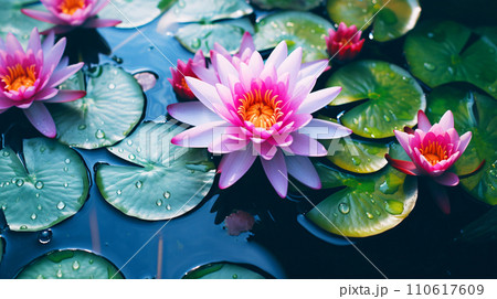水に浮かぶピンク色のスイレンの花　AI生成画像 110617609