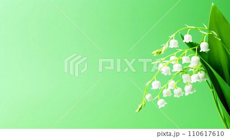 白いすずらんの花のフレーム、余白のある緑背景　AI生成画像 110617610