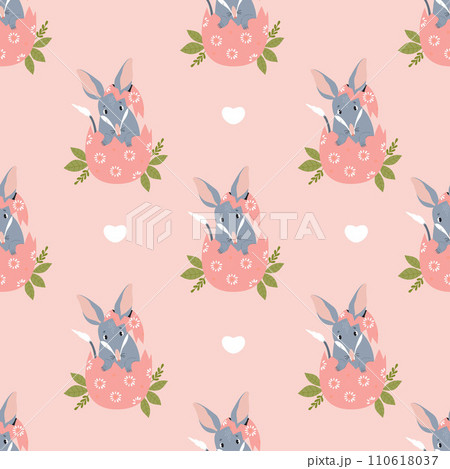 Seamless pattern Easter bilby. Cute Australian animal in egg on pink background. Vector illustration for design, wallpaper, packaging, textile. 110618037