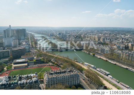 Aerial panoramic view of Paris cityscape with Seine river, Bir Hakeim bridge, island of Swans Aerial panoramic view of Paris cityscape with Seine river, Bir Hakeim bridge, island of Swans 110618080