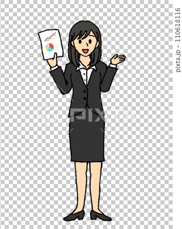 一位身穿西裝的女士解釋她手中拿著的文件的插圖 110618116