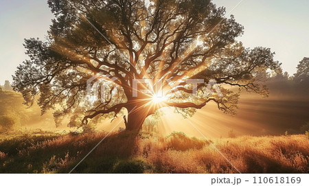 【AI生成画像・AIイラスト】夕日に照らされる木 110618169