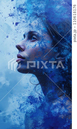 【AI生成画像・AIイラスト】青い煙と女性、縦長 110618176