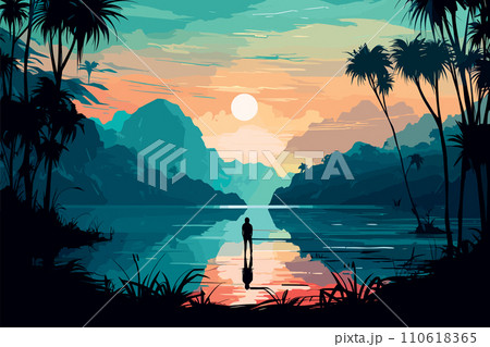 AI-generated content. lonely person by lake in jungle landscape adventure design vector illustration 110618365