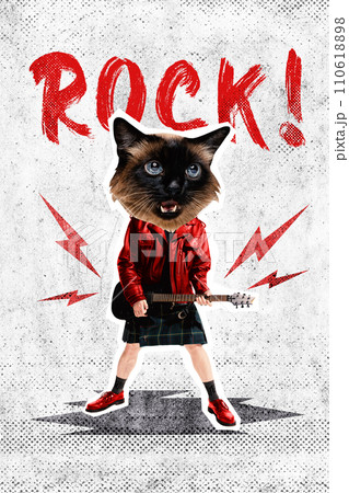 Poster. Contemporary art collage. Crazy rock star, human with cat's head holding electric guitar and singing creative energetic rock-n-roll music. 110618898