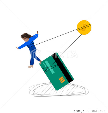Financial literacy awareness. Young girl and credit card connected to chain. Inflation, financial bankruptcy. Contemporary art collage. Financial literacy awareness. Young girl and credit card connected to chain. Inflation, financial bankruptcy. Contemporary art collage. 110619302