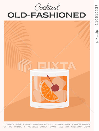 Old Fashioned Cocktail on the rocks garnish with orange slice and maraschino cherry. Whiskey with ice aperitif tropical vertical poster. Minimalistic trendy alcoholic beverage. Vector illustration. 110619337
