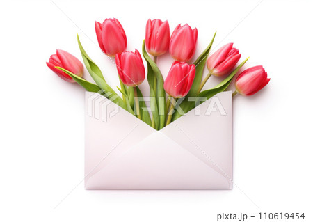 Envelope with spring tulips on white background Envelope with spring tulips on white background 110619454