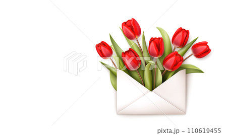 Envelope with spring tulips on white background 110619455