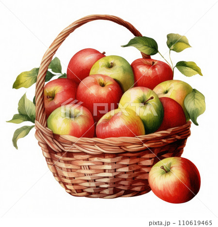 Watercolor apples in a wicker basket on white background Watercolor apples in a wicker basket on white background 110619465