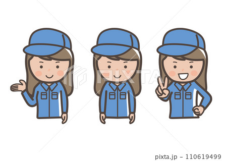 女性作業員、清掃員の上半身3ポーズセット_ピース_案内_説明 110619499