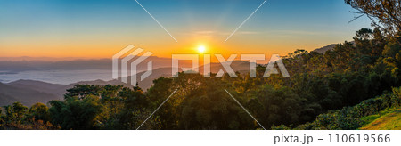 Tropical forest nature landscape with mountain range sunrise with moving cloud mist, Chiang Mai Thailand panorama 110619566