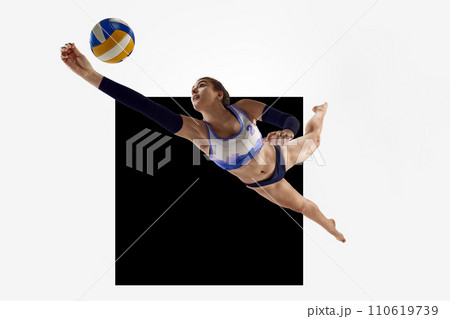 Young woman, beach volleyball player in motion during game, hitting ball over white background with blue element. 110619739