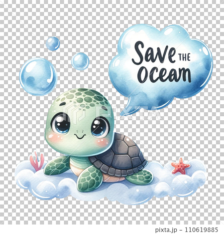 A turtle with a speech bubble "Save the Ocean" under water watercolor illustration. Ai Generate. A turtle with a speech bubble "Save the Ocean" under water watercolor illustration. Ai Generate. 110619885