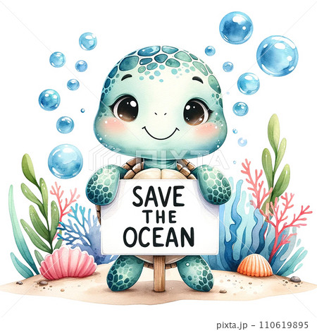 A turtle with  "Save the Ocean"banner  under water. watercolor illustration 110619895