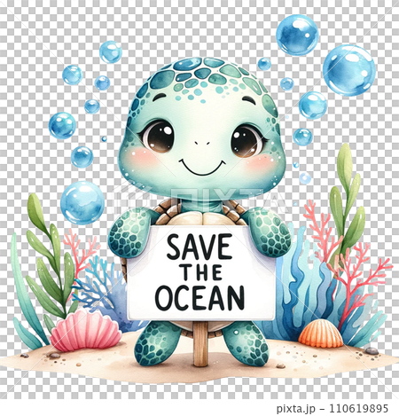 A turtle with  "Save the Ocean"banner  under water. watercolor illustration 110619895