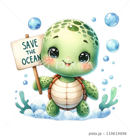 A turtle with "Save the Ocean"banner under water. watercolor illustration A turtle with "Save the Ocean"banner under water. watercolor illustration 110619896