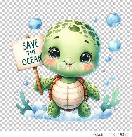 A turtle with "Save the Ocean"banner under water. watercolor illustration A turtle with "Save the Ocean"banner under water. watercolor illustration 110619896