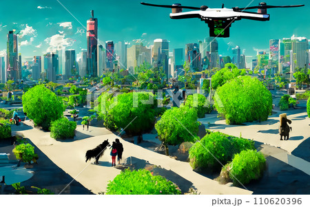 AI生成画像　未来都市イメージ　未来　都市　SF　高層ビル　緑　人々　未来人　犬　ライフスタイル 110620396