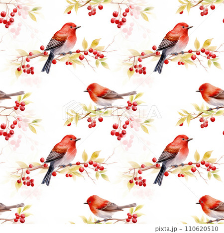 Red bird on a tree branch with red berries, seamless pattern 110620510