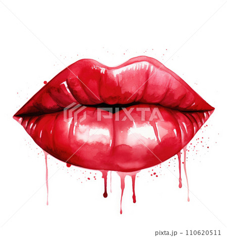 Watercolor red imprint of red lipstick on white background 110620511