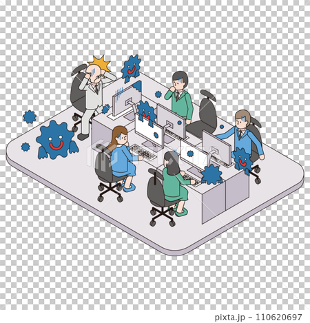 Isometric illustration of a computer virus spreading in the company 110620697