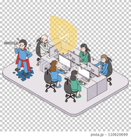 Isometric illustration of a hero coming to the rescue in a company where a computer virus is rampant 110620699